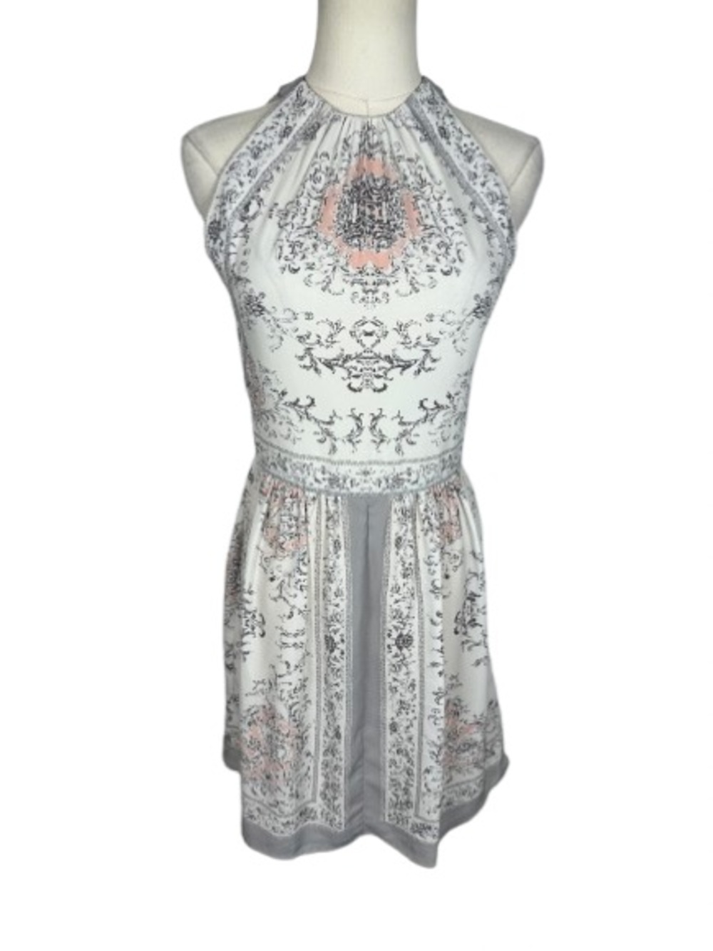 Philosophy White Halter Mini Dress with Gray Print and Pink Accents Size XS